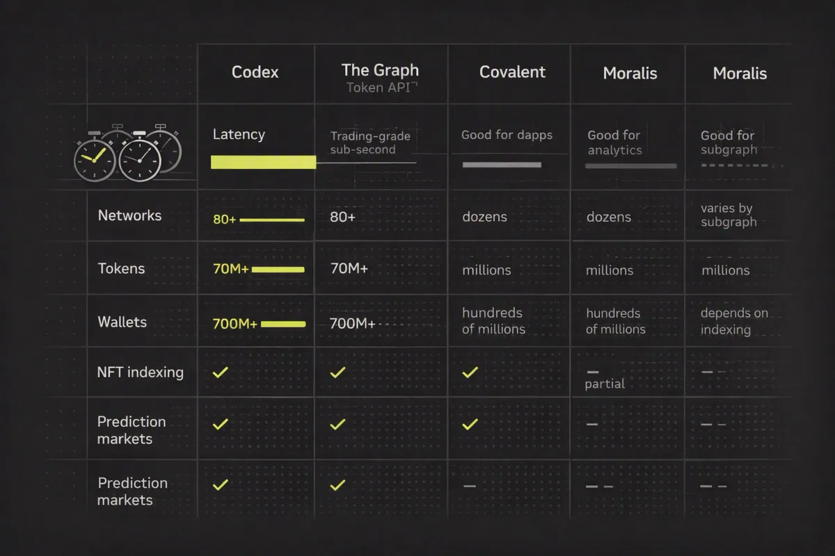 Comparison chart of leading onchain blockchain data API providers and their capabilities.